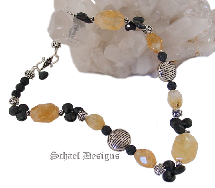 Citrine Nugget, Black Onyx Briolettes, Lava, & Sterling Silver Necklace